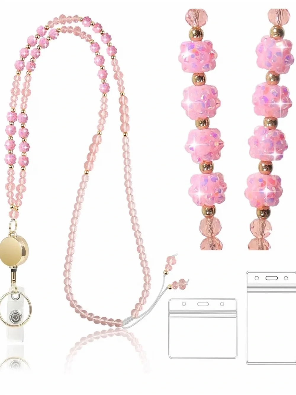 Pink Beaded Phone Lanyard with ID Badge Holder and Gold Accents